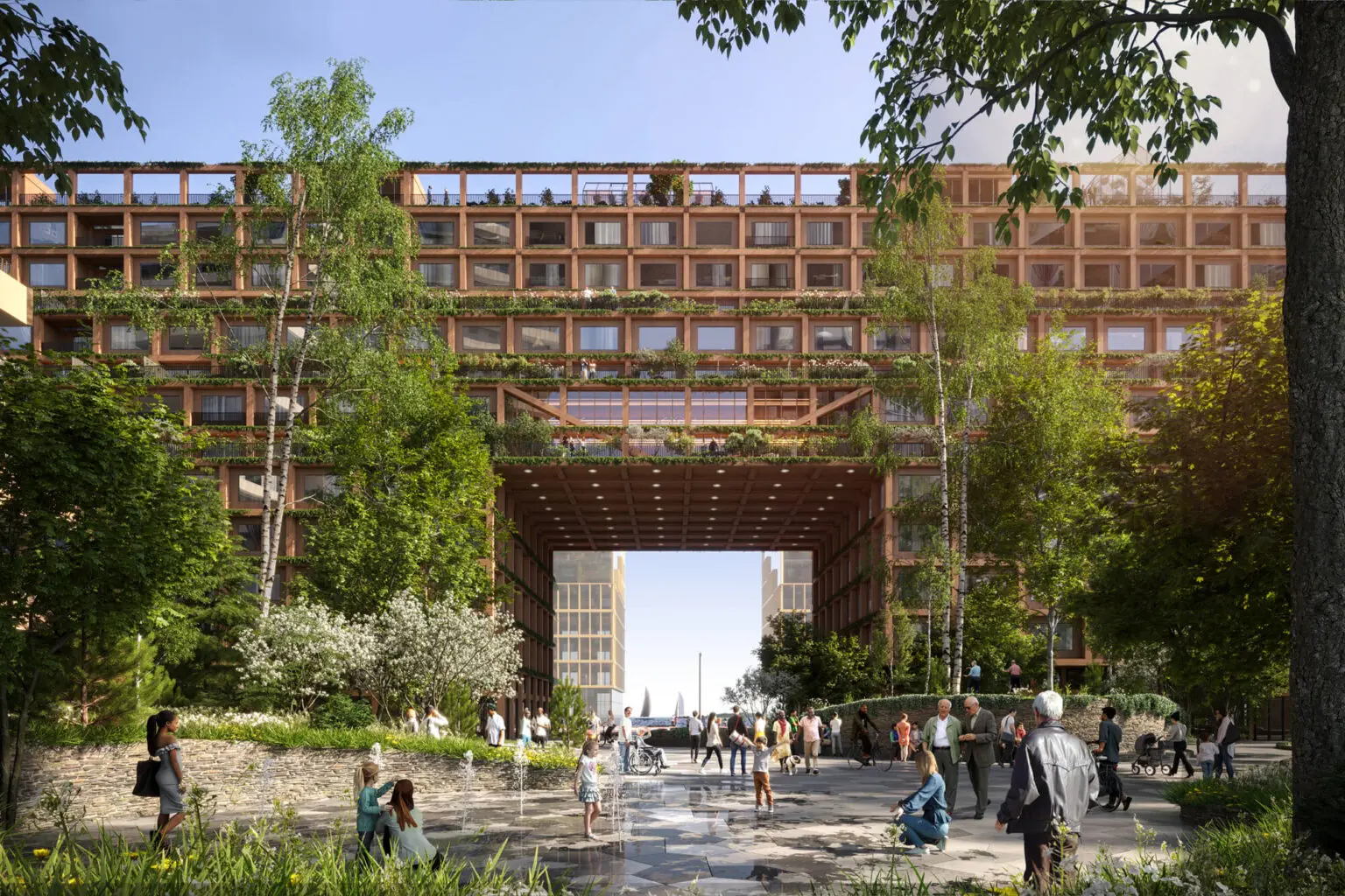 Quayside: Green Urban Architectural Rendering by Norm Li A green urban community rendering featuring a large mixed-use development with extensive greenery and modern architecture.